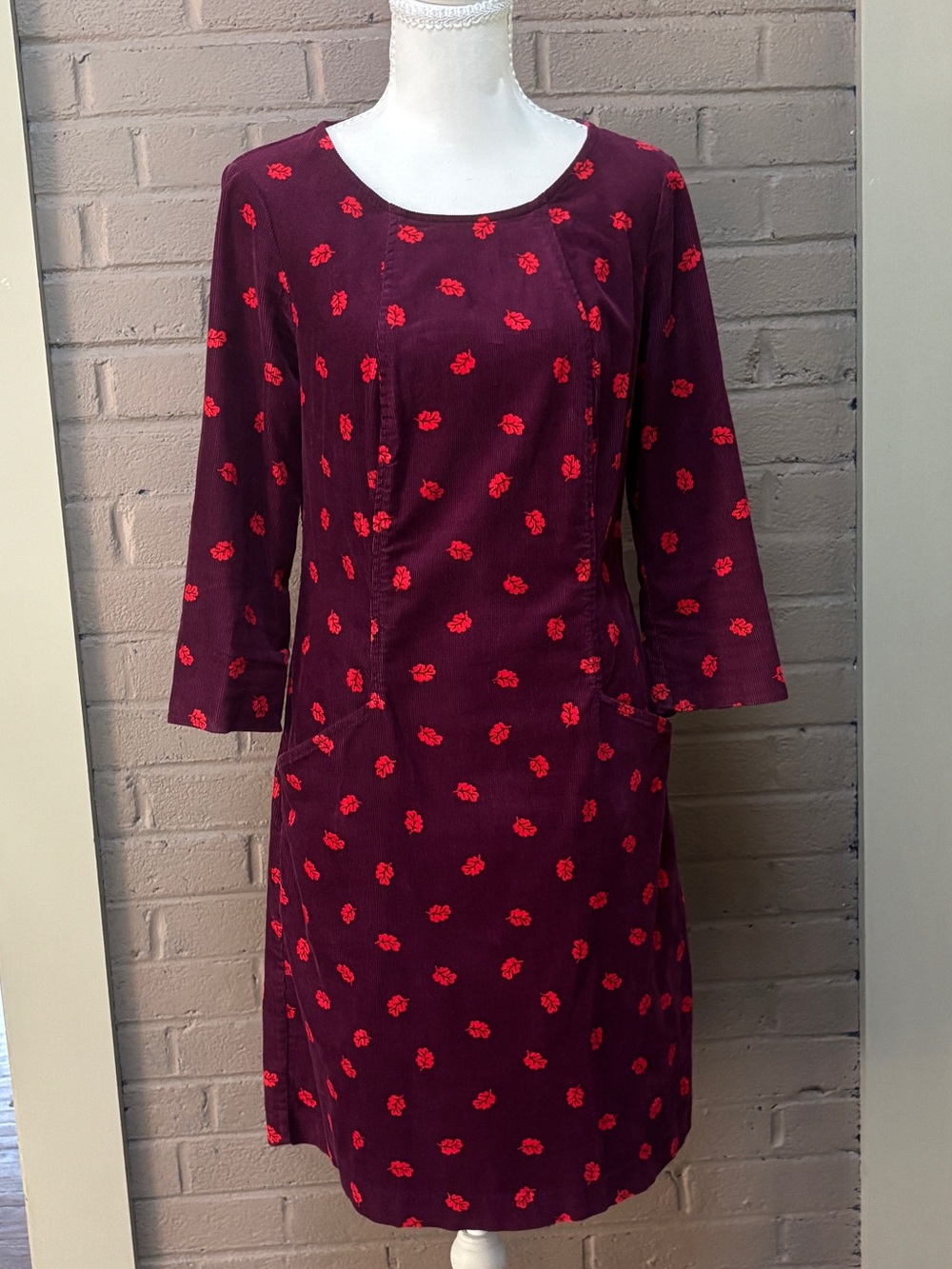 Boden  Purple Autumn Leaf print corduroy dress 4